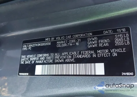 2019 Volvo S60 Momentum from USA, damaged, VIN 7JRA22TK9KG002056
